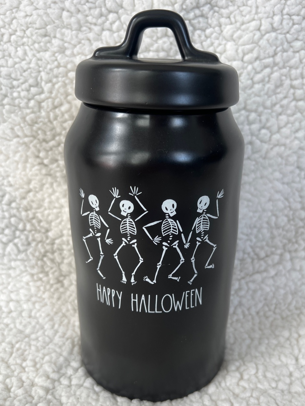 Rae Dunn Dancing Skeletons “Happy Halloween” Canister Lid Black Ceramic, 9.5”
